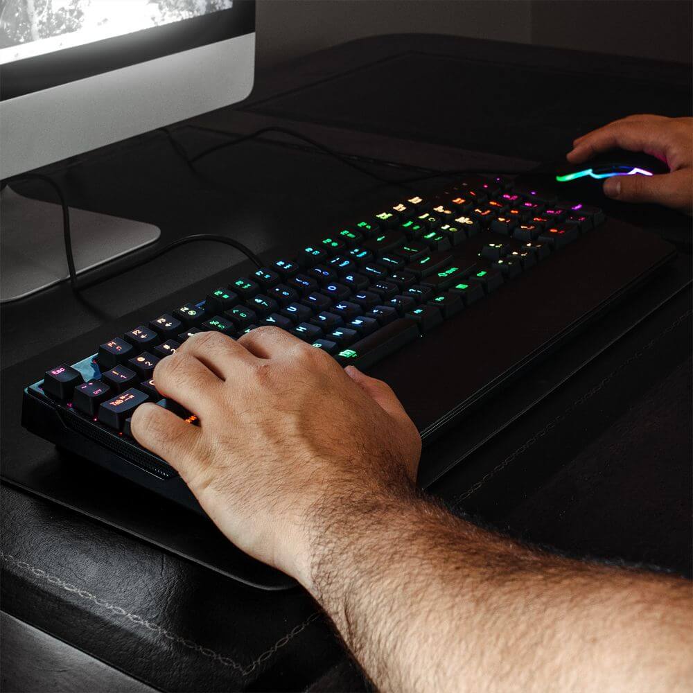 Deco Gear Mechanical Gaming Keyboard | Anti-Ghosting | Ergonomic Fixed Palm Rest | Full Customizable RGB Backlit | Carbon Fiber Design | Outemu Blue Switch | Wired | Black - DecoGear