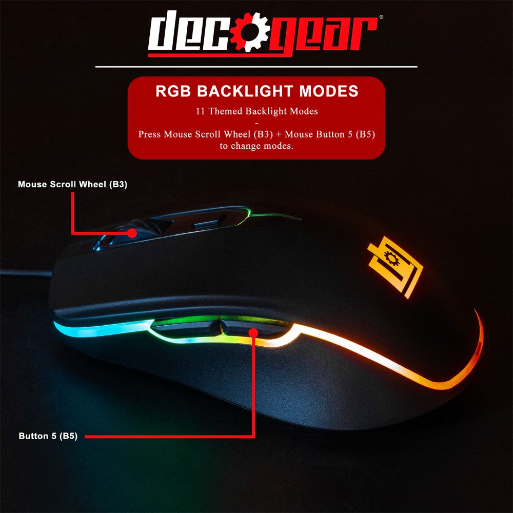 Deco Gear Wired Gaming Mouse, 800-5000 Adjustable DPI, 11 RGB Backlit Modes - Deco Gear