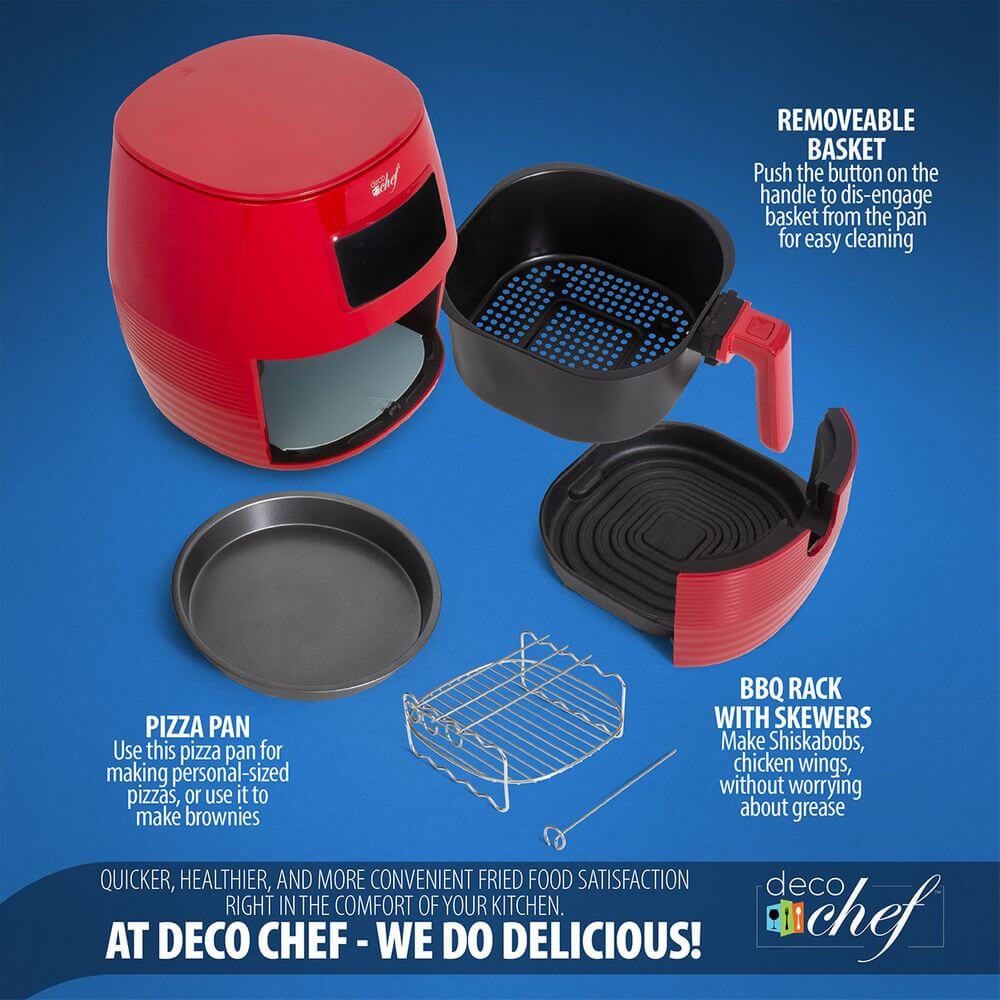 Deco Chef 5.8QT Digital Electric Air Fryer with Accessories and Cookbook- Air Frying, Roasting, Baking, Crisping, and Reheating for Healthier and Faster Cooking (Red) - DecoGear