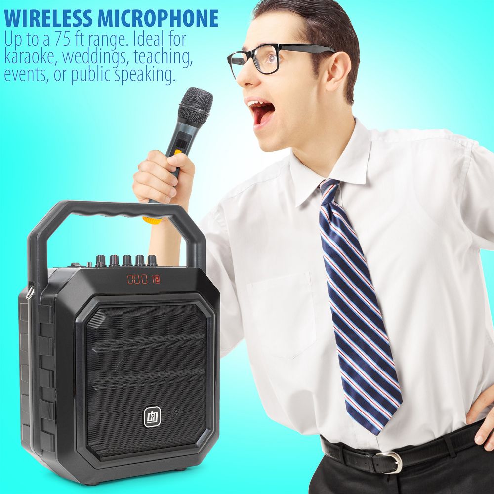 Deco Gear Portable Wireless PA Speaker System with Wireless Microphone - 30W Power and Rechargeable 4000 mAh Battery - Built in Equalizer , Radio , Aux and USB ports - comes with Carrying Strap - Deco Gear