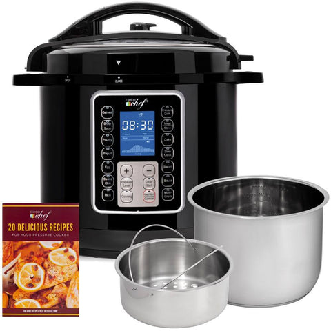 Deco Chef 8 QT 10-in-1 Pressure Cooker – Instant Rice, Sauté, Slow Cook, Yogurt, Meats, Deserts, Soups, Stews – Includes Recipe Book, Tempered Glass Lid, Mitts, Grill Rack, and Steaming Basket - DecoGear