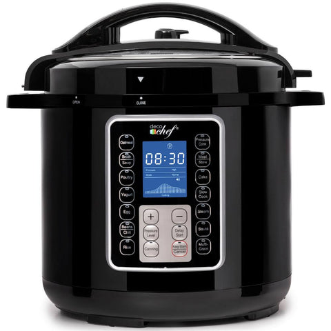 Deco Chef 8 QT 10-in-1 Pressure Cooker – Instant Rice, Sauté, Slow Cook, Yogurt, Meats, Deserts, Soups, Stews – Includes Recipe Book, Tempered Glass Lid, Mitts, Grill Rack, and Steaming Basket - DecoGear