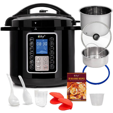 Deco Chef 8 QT 10-in-1 Pressure Cooker – Instant Rice, Sauté, Slow Cook, Yogurt, Meats, Deserts, Soups, Stews – Includes Recipe Book, Tempered Glass Lid, Mitts, Grill Rack, and Steaming Basket - DecoGear