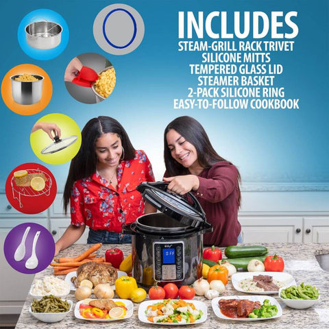 Deco Chef 8 QT 10-in-1 Pressure Cooker – Instant Rice, Sauté, Slow Cook, Yogurt, Meats, Deserts, Soups, Stews – Includes Recipe Book, Tempered Glass Lid, Mitts, Grill Rack, and Steaming Basket - DecoGear