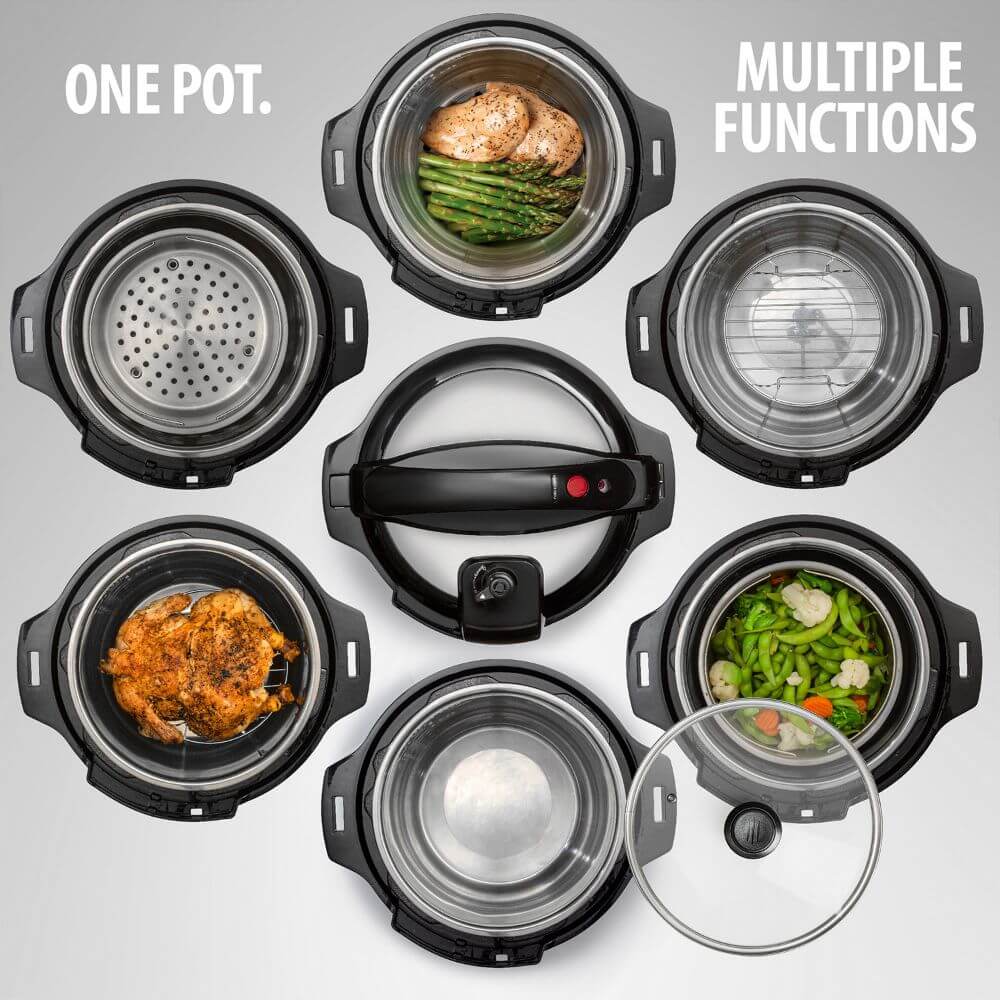 Deco Chef 8 QT 10-in-1 Pressure Cooker – Instant Rice, Sauté, Slow Cook, Yogurt, Meats, Deserts, Soups, Stews – Includes Recipe Book, Tempered Glass Lid, Mitts, Grill Rack, and Steaming Basket - DecoGear