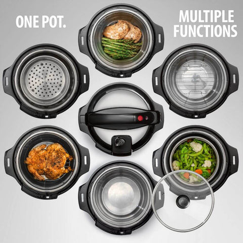 Deco Chef 8 QT 10-in-1 Pressure Cooker – Instant Rice, Sauté, Slow Cook, Yogurt, Meats, Deserts, Soups, Stews – Includes Recipe Book, Tempered Glass Lid, Mitts, Grill Rack, and Steaming Basket - DecoGear