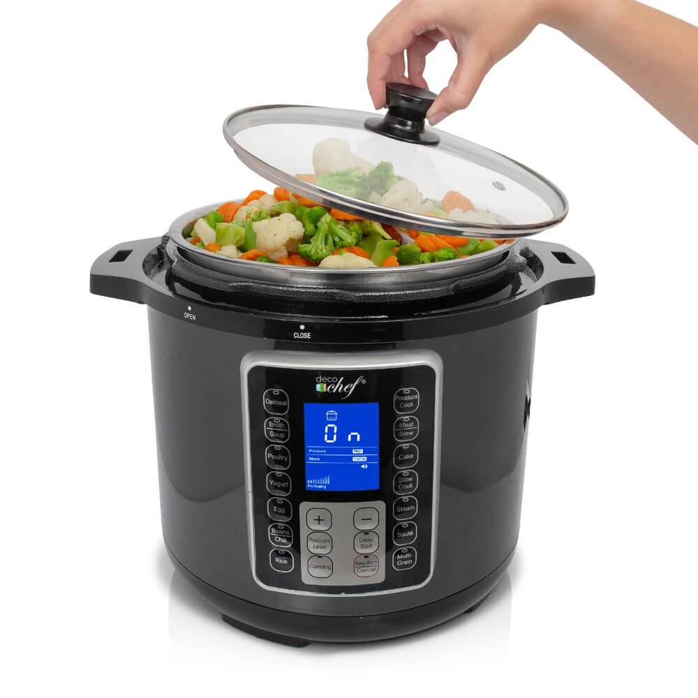 Deco Chef 8 QT 10-in-1 Pressure Cooker – Instant Rice, Sauté, Slow Cook, Yogurt, Meats, Deserts, Soups, Stews – Includes Recipe Book, Tempered Glass Lid, Mitts, Grill Rack, and Steaming Basket - DecoGear