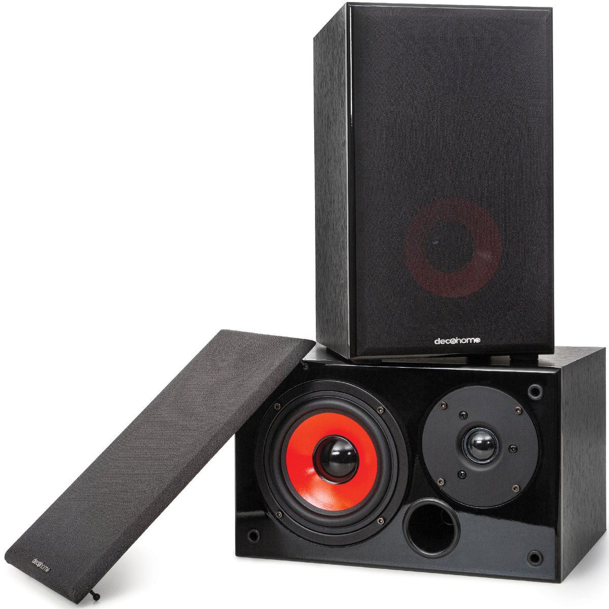 Deco Home DHPAS100 Passive 140W Bookshelf Speaker Set, 5-inch Woofer with Dome Tweeter, Modern Dark Wood Finish with Red Woofer Cone - DecoGear