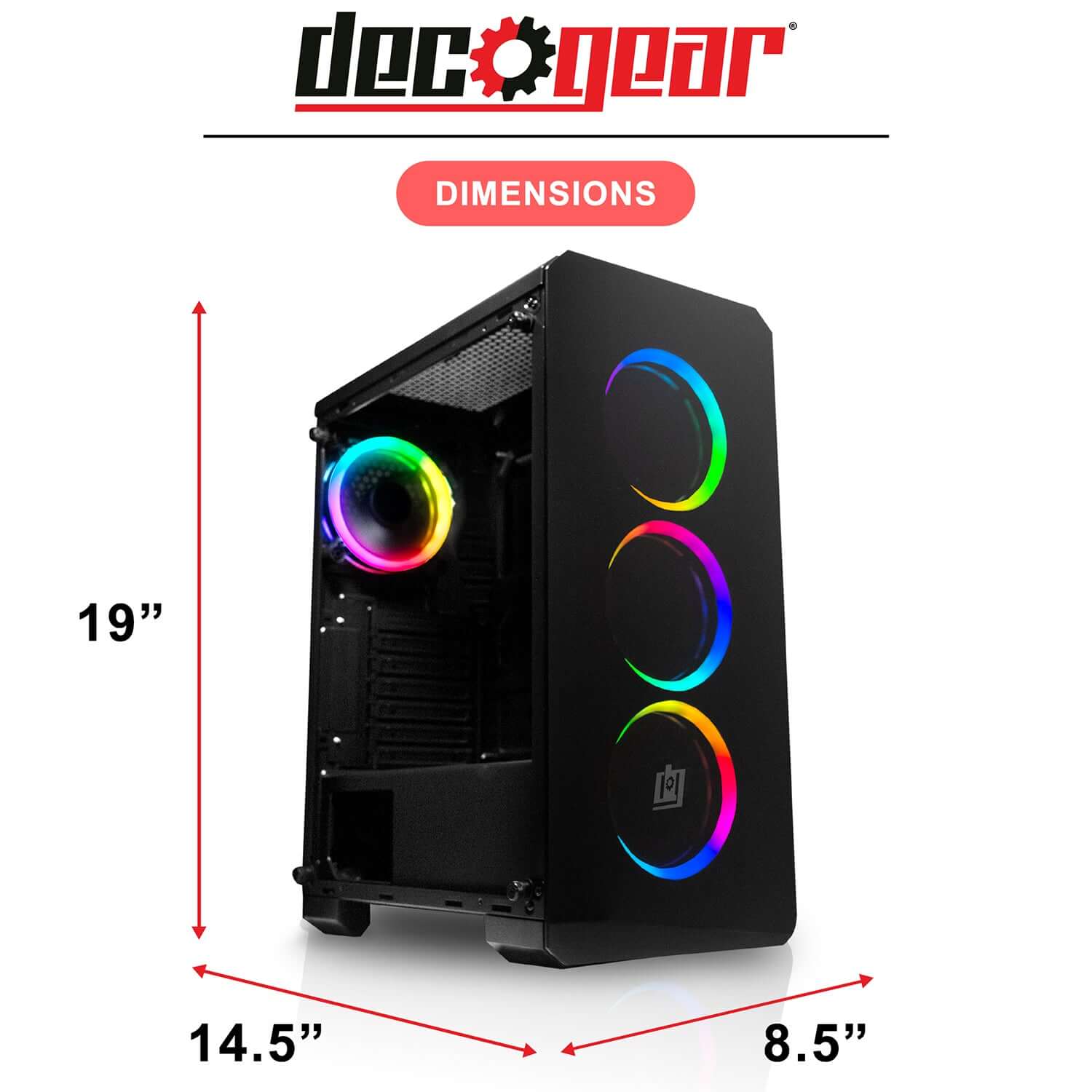 Deco Gear Mid-Tower PC Gaming Computer Case 3-Sided Tempered Glass and LED Lighting - Mini-ITX, Micro-ATX, ATX - Includes 4 120mm Double Ring Fans w/ Expansion for More, 7 Expansion Slots, 4 Drives - DecoGear