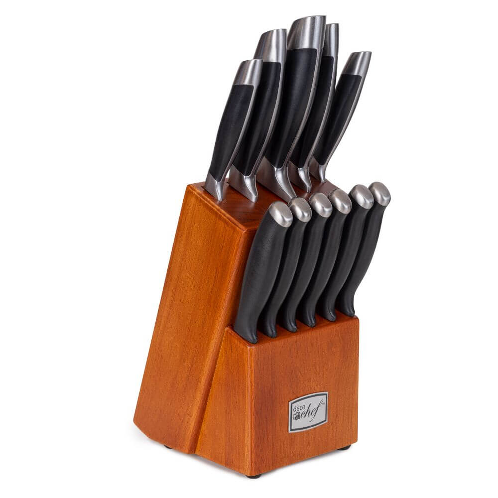 Deco Chef 12-Piece Stainless Steel Kitchen Knife Set with Full Tang High Grade Blades and Wooden Storage Block, with Sharpening Manual - Deco Gear