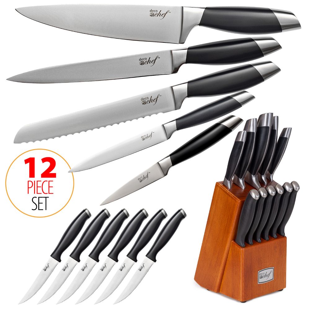 Deco Chef Gourmet 12 Piece Stainless Steel Knife Set & Storage Block - Full Tang