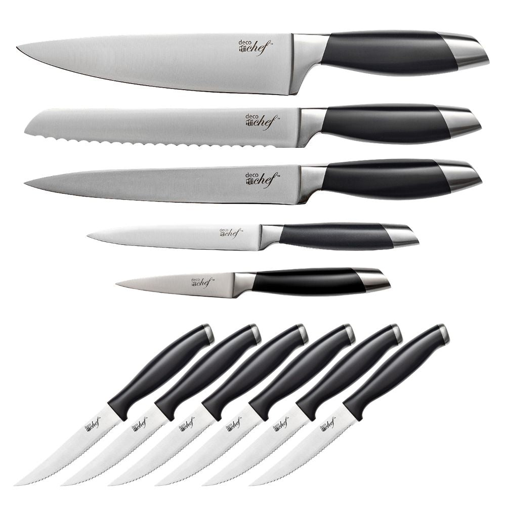 Deco Chef 12-Piece Stainless Steel Kitchen Knife Set with Full Tang High Grade Blades and Wooden Storage Block, with Sharpening Manual - Deco Gear