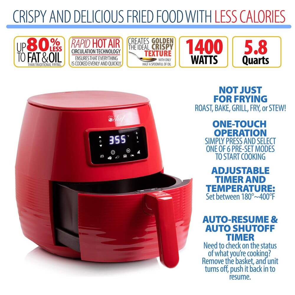 Deco Chef 5.8QT Digital Electric Air Fryer with Accessories and Cookbook- Air Frying, Roasting, Baking, Crisping, and Reheating for Healthier and Faster Cooking (Red) - DecoGear