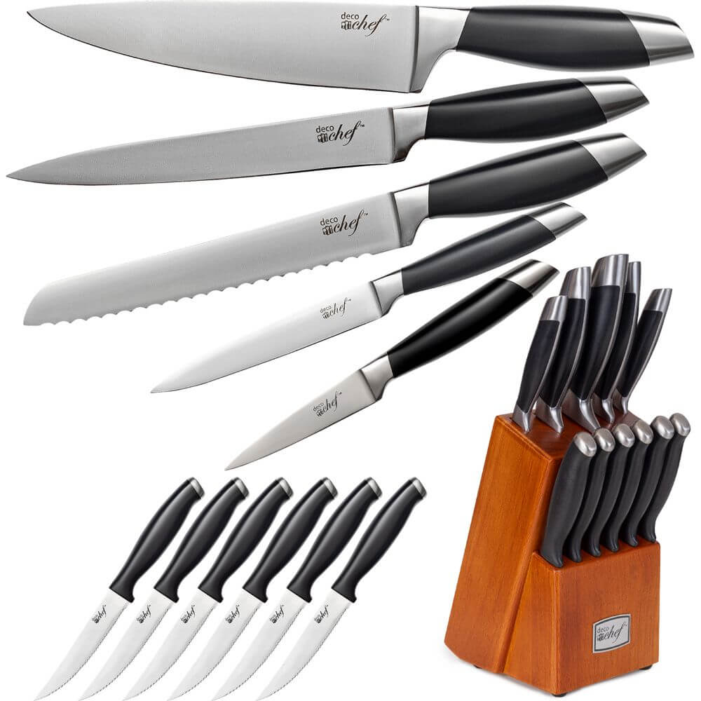 Deco Chef 12-Piece Stainless Steel Kitchen Knife Set with Full Tang High Grade Blades and Wooden Storage Block, with Sharpening Manual - Deco Gear