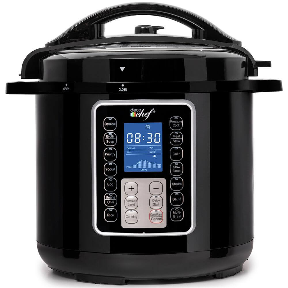 Deco Chef 6 QT 10-in-1 Pressure Cooker Instant Rice, Sauté, Yogurt, Meat, Deserts, Soups, Stews Includes Recipe Book, Tempered Glass Lid, Mitts, Grill Rack, and Steaming Basket - DecoGear