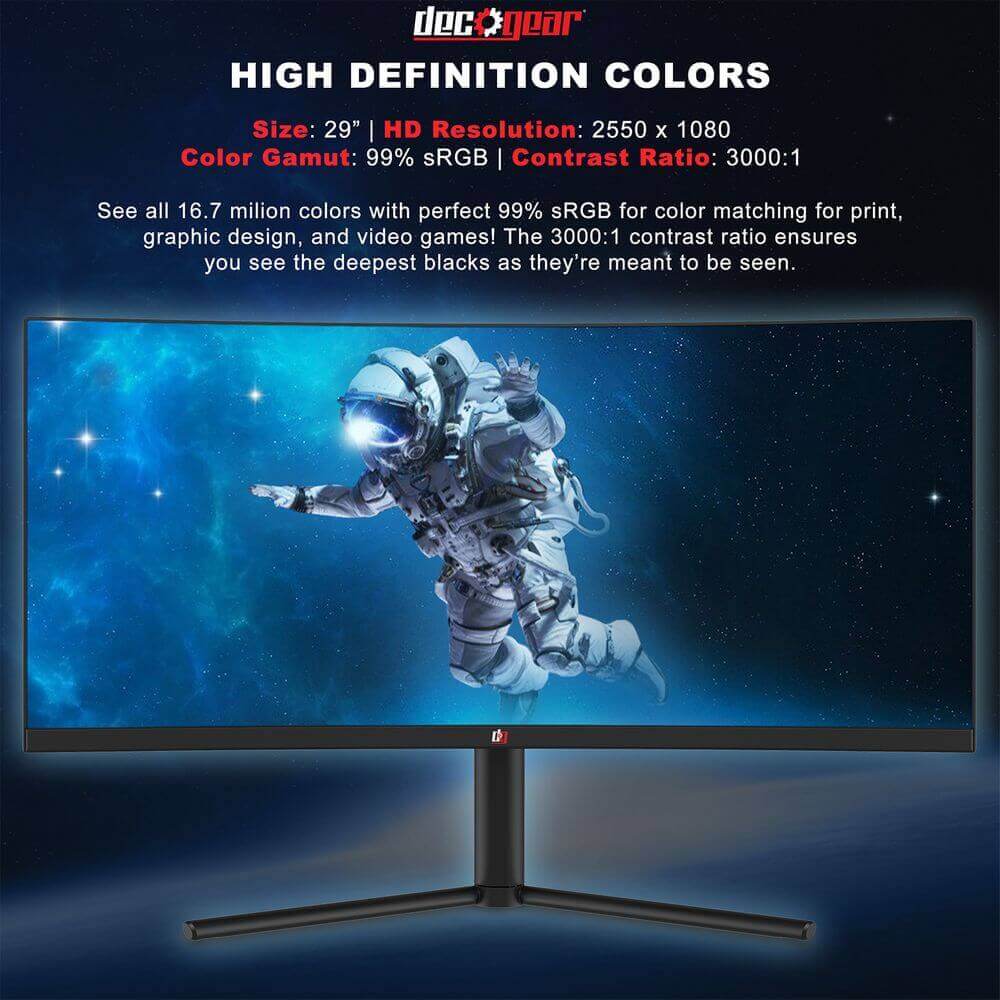 Deco Gear 29-Inch 2560x1080 100Hz, Curved Gaming Monitor, 4ms, 3000:1,  Color Accurate - 1-Pack