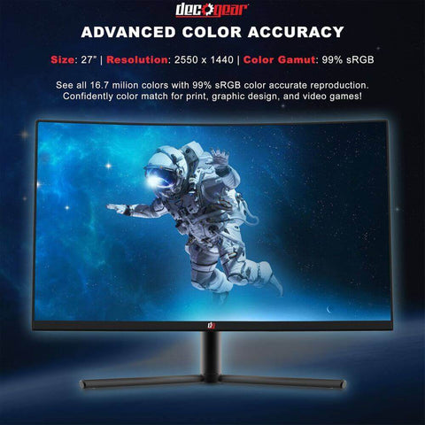 Deco Gear 27-Inch 2560x1440 Curved Gaming Monitor, HDR 400, 16:9, 3000:1, 99% sRGB, 144Hz - Deco Gear