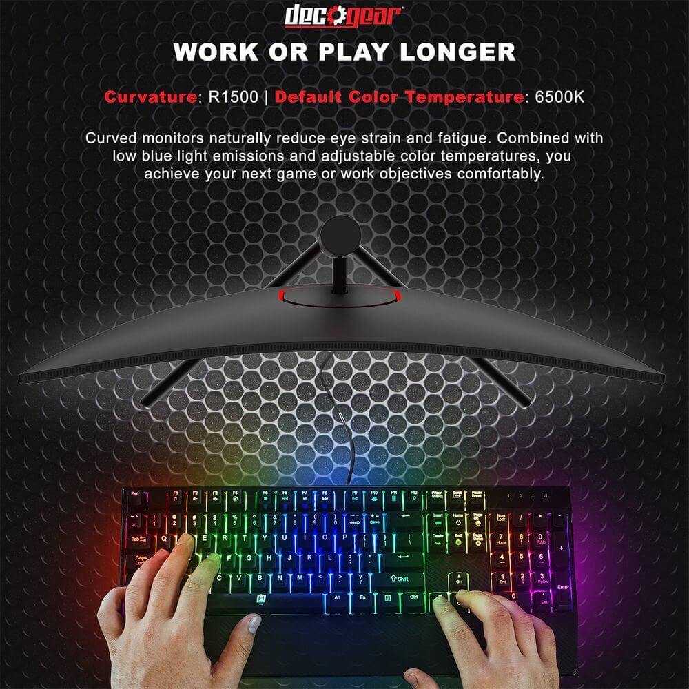 Deco Gear 27-Inch 2560x1440 Curved Gaming Monitor, HDR 400, 16:9, 3000:1, 99% sRGB, 144Hz - Deco Gear