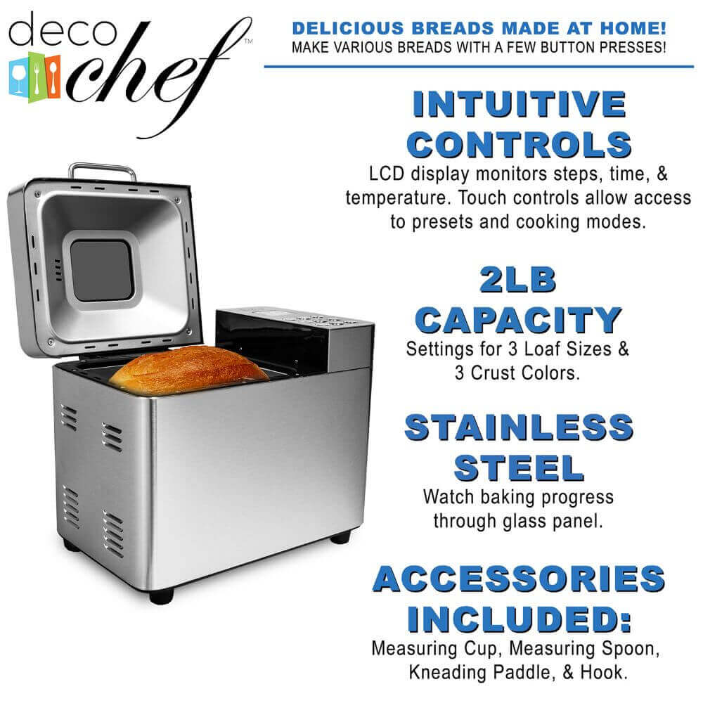 Deco Chef 2 LB Stainless Steel Bread Maker with 25 Smart Cooking Programs and Included Accessories, Measuring Cup, Double-Sided Measuring Spoon, Kneading Paddle, Dough Hook, and Oven Mitt - DecoGear