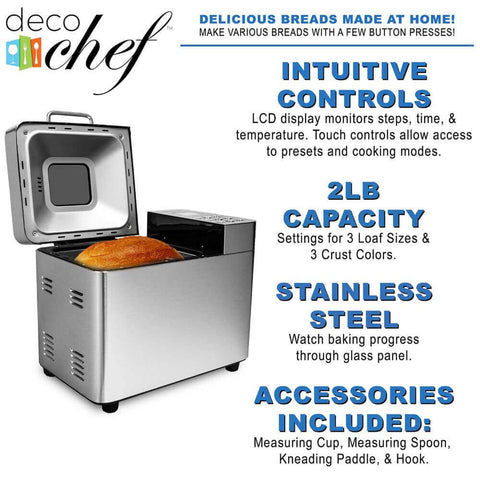 Deco Chef 2 LB Stainless Steel Bread Maker with 25 Smart Cooking Programs and Included Accessories, Measuring Cup, Double-Sided Measuring Spoon, Kneading Paddle, Dough Hook, and Oven Mitt - DecoGear