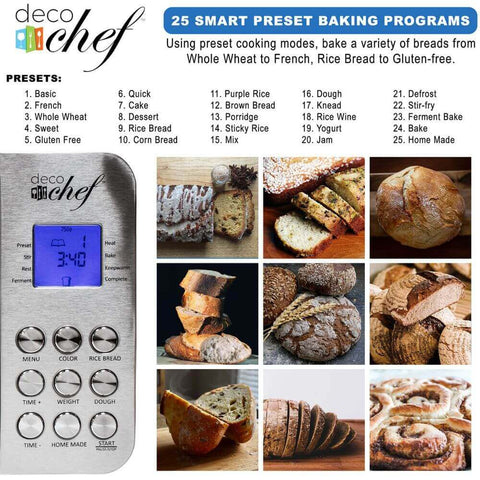 Deco Chef 2 LB Stainless Steel Bread Maker with 25 Smart Cooking Programs and Included Accessories, Measuring Cup, Double-Sided Measuring Spoon, Kneading Paddle, Dough Hook, and Oven Mitt - DecoGear