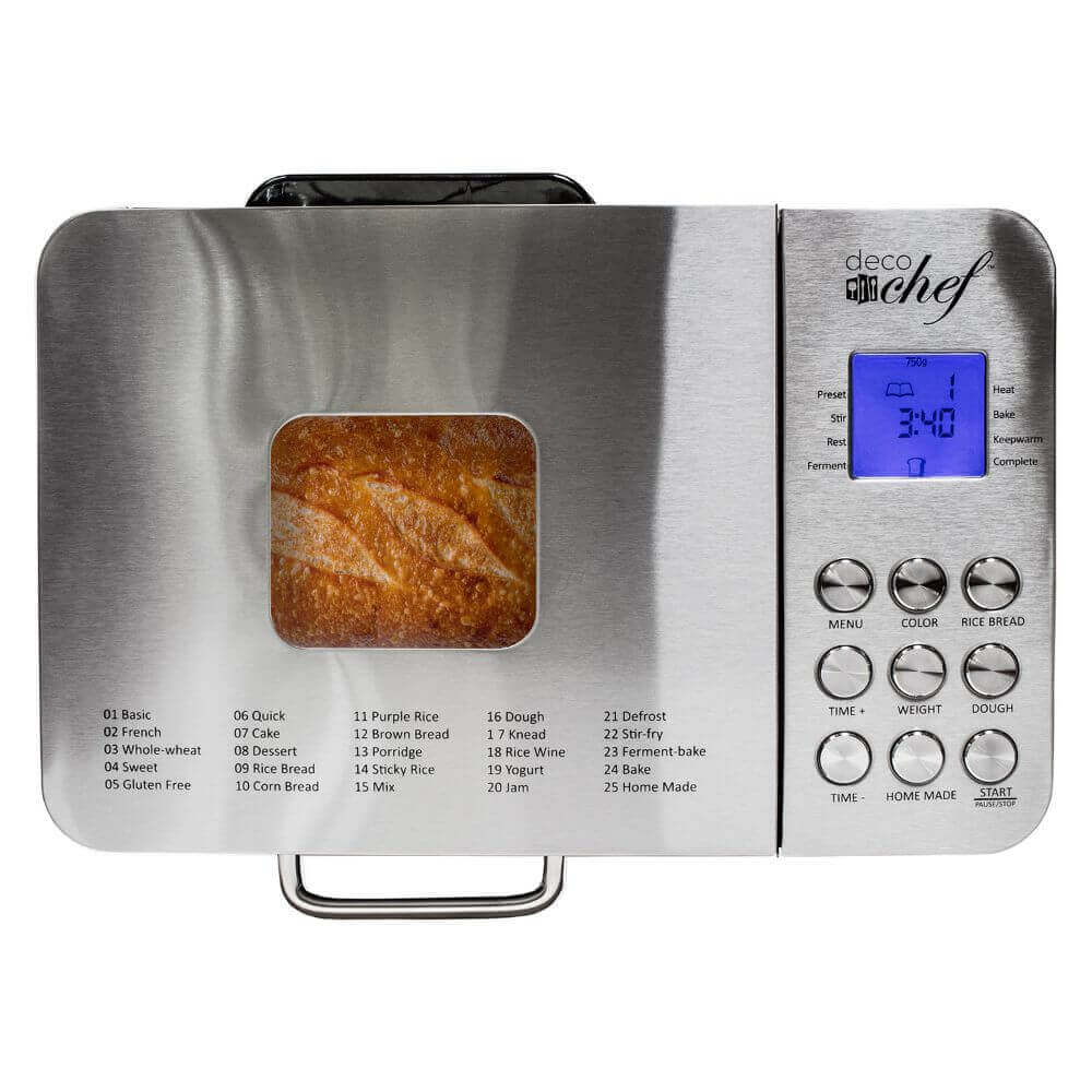 Deco Chef 2 LB Stainless Steel Bread Maker with 25 Smart Cooking Programs and Included Accessories, Measuring Cup, Double-Sided Measuring Spoon, Kneading Paddle, Dough Hook, and Oven Mitt - DecoGear