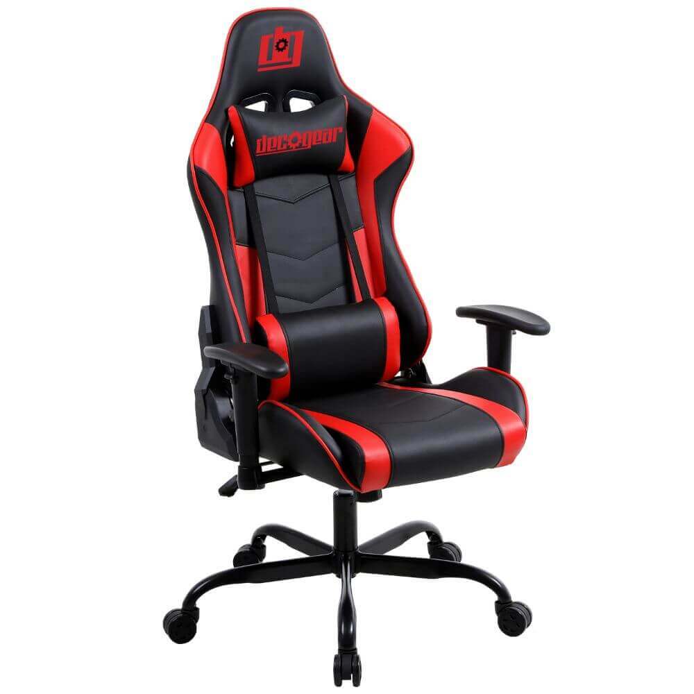 Deco Gear DGCH02 Red Ergonomic Foam Gaming Computer Chair with Adjustable Head and Lumbar Support, Hydraulic Seat Adjustment, Adjustable Armrests, 360-Degree Spin, Rolling Caster Wheels - DecoGear