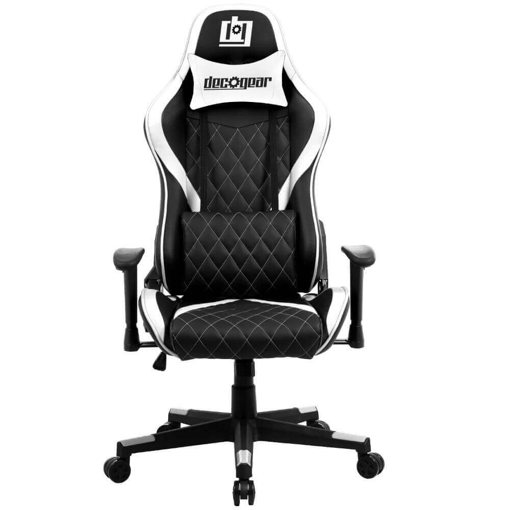 Deco Gear DGCH01 White Ergonomic Foam Gaming Chair with Adjustable Head and Lumbar Support, Hydraulic Seat Adjustment, Adjustable Armrests, 360-Degree Spin, Rolling Caster Wheels - DecoGear