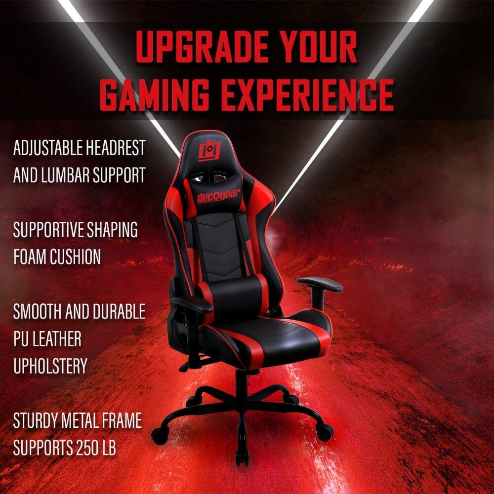 Deco Gear DGCH02 Red Ergonomic Foam Gaming Computer Chair with Adjustable Head and Lumbar Support, Hydraulic Seat Adjustment, Adjustable Armrests, 360-Degree Spin, Rolling Caster Wheels - DecoGear