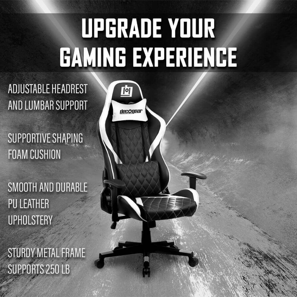 Deco Gear DGCH01 White Ergonomic Foam Gaming Chair with Adjustable Head and Lumbar Support, Hydraulic Seat Adjustment, Adjustable Armrests, 360-Degree Spin, Rolling Caster Wheels - DecoGear