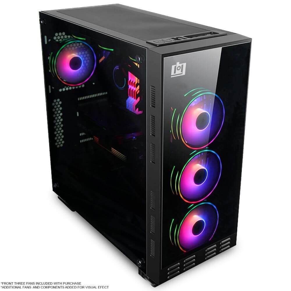 Deco Gear Mid-Tower Computer Case with 3-Sided Tinted Tempered Glass, 3 Dual Ring RGB Cooling Fans and Remote Control for Custom Lighting, ATX, M-ATX, M-ITX, 7 PCI Slots, 8 Expansion Bays, USB 2.0/3.0 - DecoGear