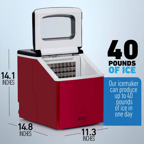 Deco Chef 40LB Countertop Ice Maker for Home, Office, Bars, and Parties, Makes Extra Large Cubes, 2.4 lb of Ice Every 15-20 Minutes, LCD Status Indicator, Adjustable Cube Size, Red with Black Lid - DecoGear