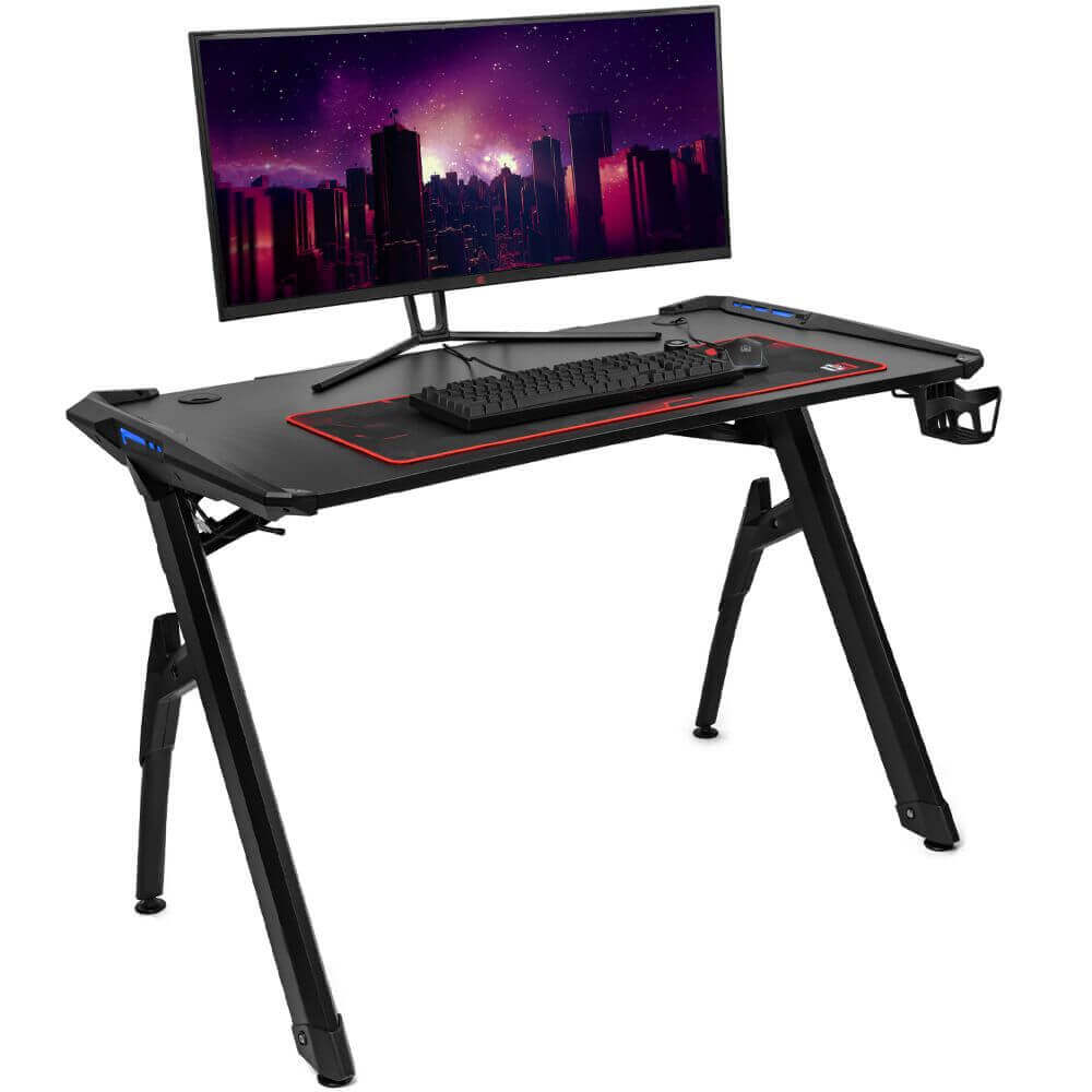 Deco Gear 47" LED Gaming Desk with Waterproof Carbon Fiber Surface, 6-Color Lighting Accents, Cable Management, Headphone Hook, and Cup Holder, Included 31.5” Full Mouse Pad - DecoGear