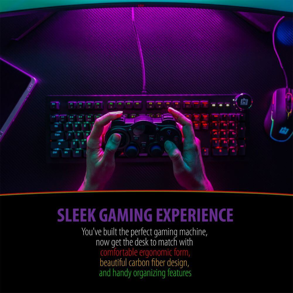 Deco Gear 47" LED Gaming Desk with Waterproof Carbon Fiber Surface, 6-Color Lighting Accents, Cable Management, Headphone Hook, and Cup Holder, Included 31.5” Full Mouse Pad - DecoGear