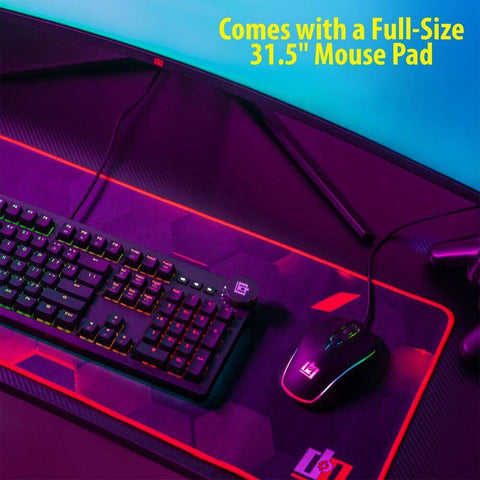 Deco Gear 47" LED Gaming Desk with Waterproof Carbon Fiber Surface, 6-Color Lighting Accents, Cable Management, Headphone Hook, and Cup Holder, Included 31.5” Full Mouse Pad - DecoGear