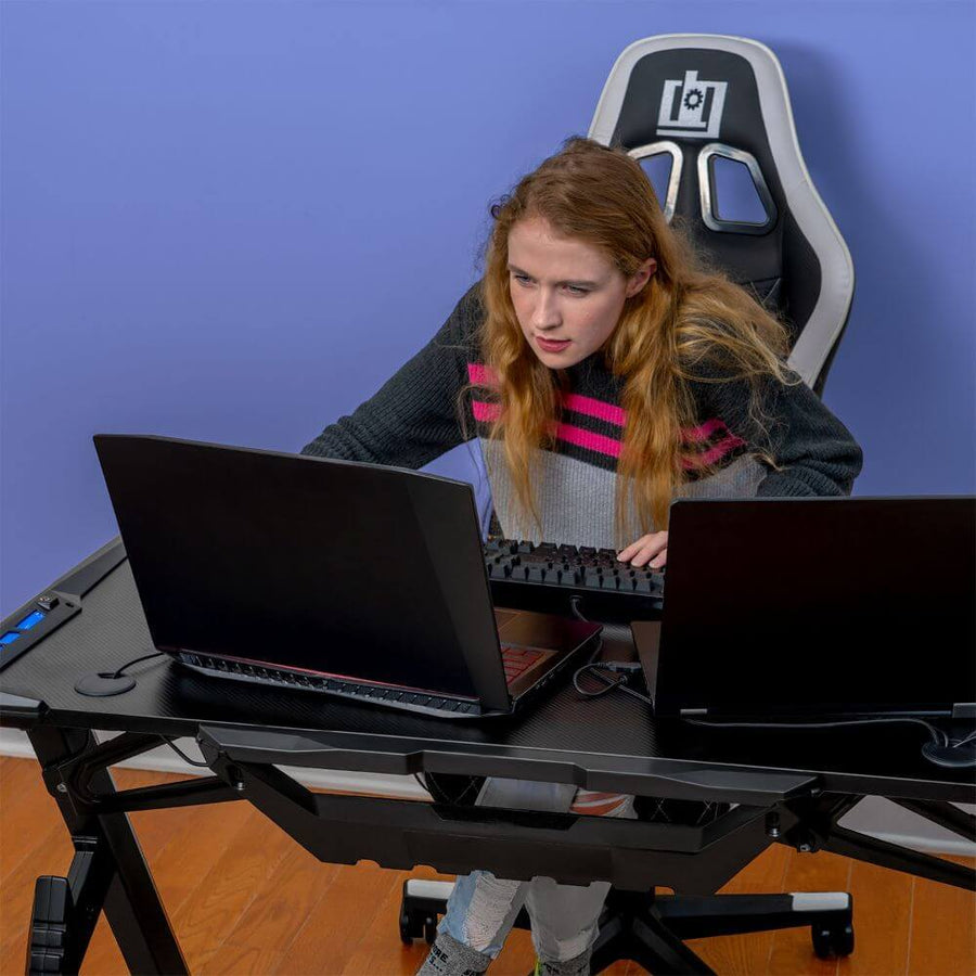 Deco Gear 47" LED Gaming Desk with Waterproof Carbon Fiber Surface, 6-Color Lighting Accents, Cable Management, Headphone Hook, and Cup Holder, Included 31.5” Full Mouse Pad - DecoGear