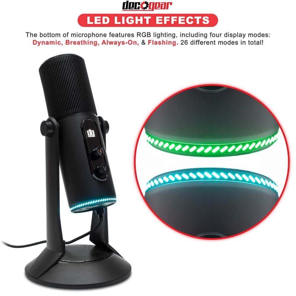 Deco Gear PC Microphone for Gaming, Streaming, Singing, Recording, and Meetings, Features RGB Lighting, Stereo, Cardioid, Omnidirectional, and Bidirectional Recording, USB Plug and Play - DecoGear