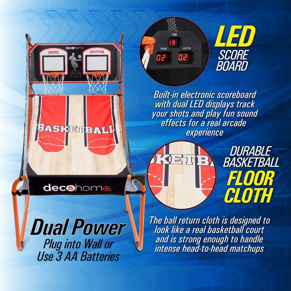 Deco Home Arcade Basketball Game with Dual Rim Backboard, Includes Electronic Tracking LED Scoreboard with 8 Game Modes for 1-4 Players, 5 Game Balls, Air Pump, Folding Assembly for Easy Storage - DecoGear