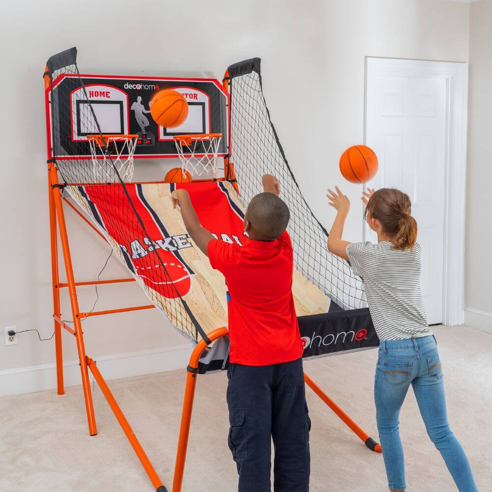 Deco Home Arcade Basketball Game with Dual Rim Backboard, Includes Electronic Tracking LED Scoreboard with 8 Game Modes for 1-4 Players, 5 Game Balls, Air Pump, Folding Assembly for Easy Storage - DecoGear