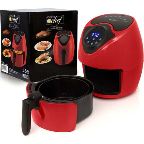 Deco Chef XL 3.7 QT Digital Air Fryer Cooker With 7 Smart Programs, Preheat & Shake Remind, LED Touch Screen Oil-Less Non-Stick Coated Basket, Timer Counter Top, Healthy Kitchen Safe Frying Station with Cookbook (Red) - DecoGear
