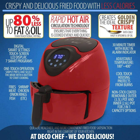Deco Chef XL 3.7 QT Digital Air Fryer Cooker With 7 Smart Programs, Preheat & Shake Remind, LED Touch Screen Oil-Less Non-Stick Coated Basket, Timer Counter Top, Healthy Kitchen Safe Frying Station with Cookbook (Red) - DecoGear