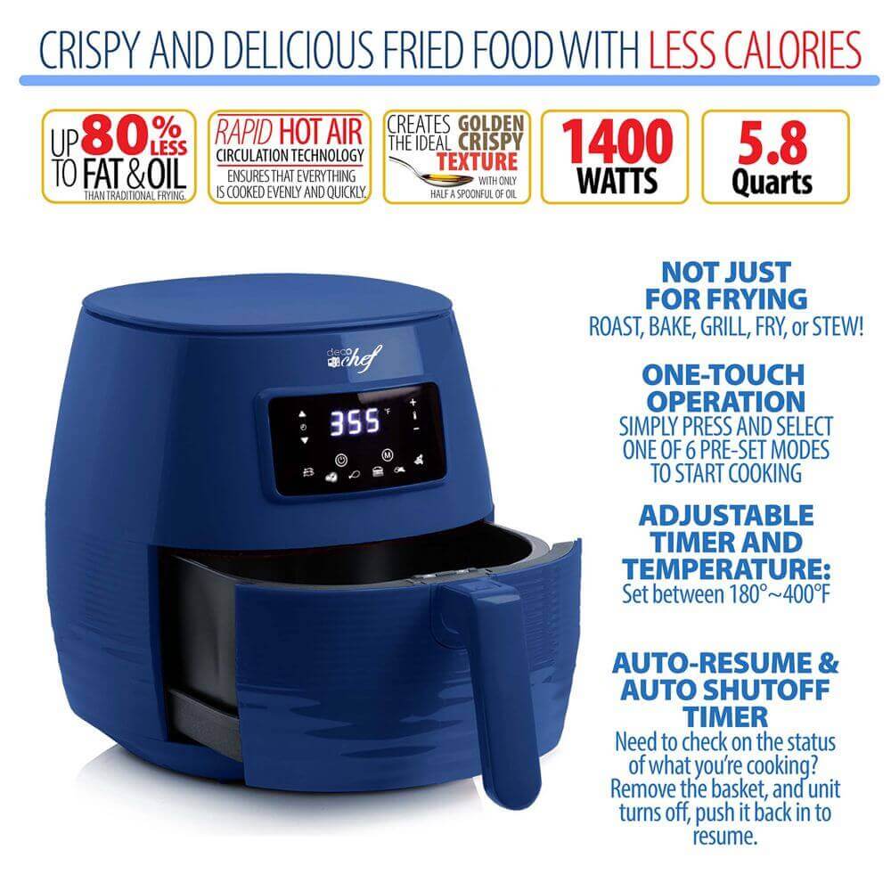 Deco Chef 5.8QT Digital Electric Air Fryer with Accessories and Cookbook - Air Frying, Roasting, Baking, Crisping, and Reheating for Healthier and Faster Cooking (Blue) - DecoGear