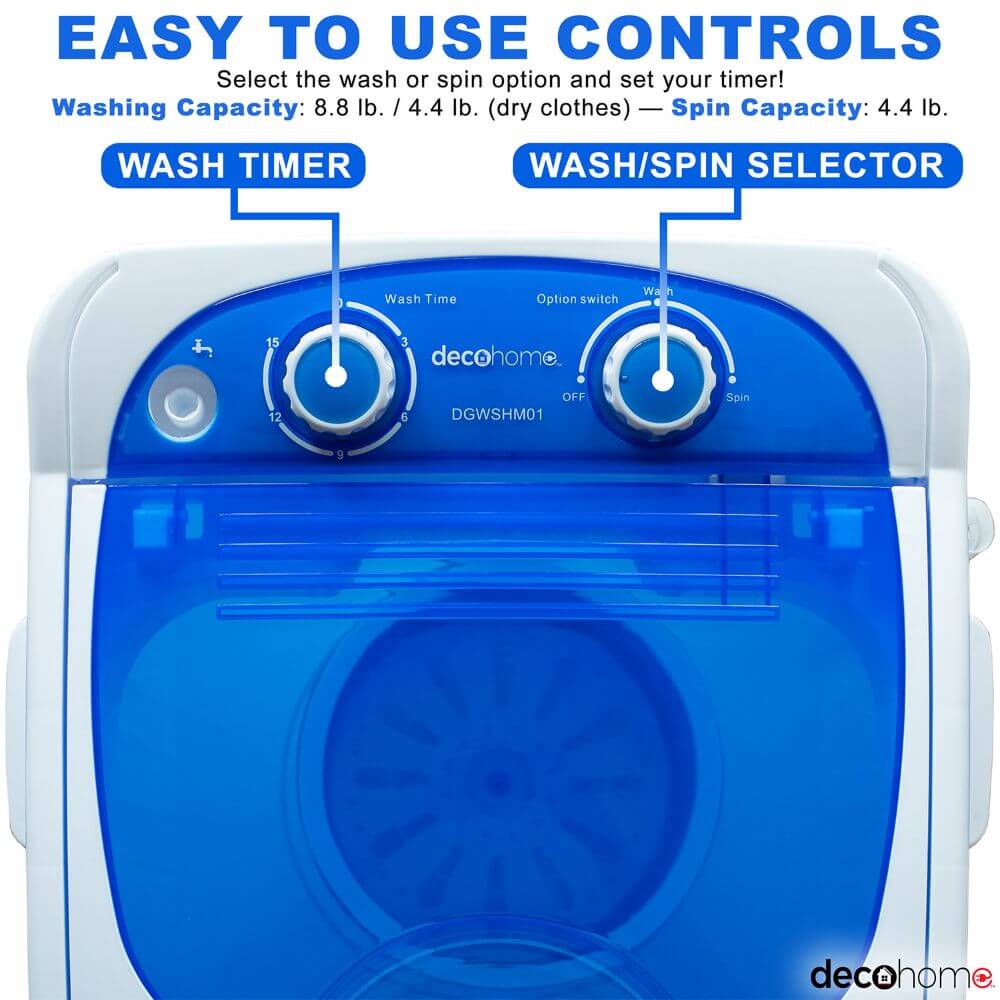 Deco Home Portable Washing Machine for Apartments, Dorms, 8.8 lb Capacity, 250W Power - DecoGear