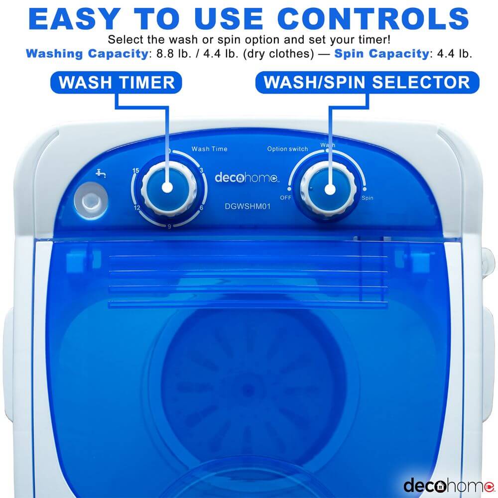 Deco Home Tiny Washing Machine for Apartments, Dorms, 8.8 lb Capacity, 250W Power - DecoGear