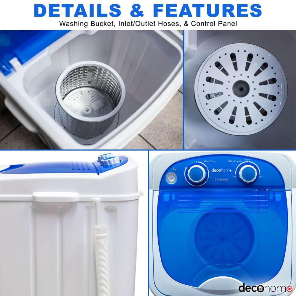 Deco Home Portable Washing Machine for Apartments, Dorms, 8.8 lb Capacity, 250W Power - DecoGear