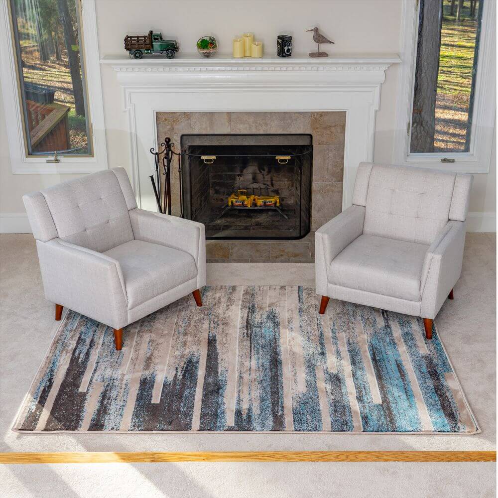 Deco Home 5.25' x 7.5' Modern Abstract Indoor Area Rug with Non-Slip Backing, Serged Edges, .4" Pile Height, Soft Polypropylene (Blue/Tan) - DecoGear