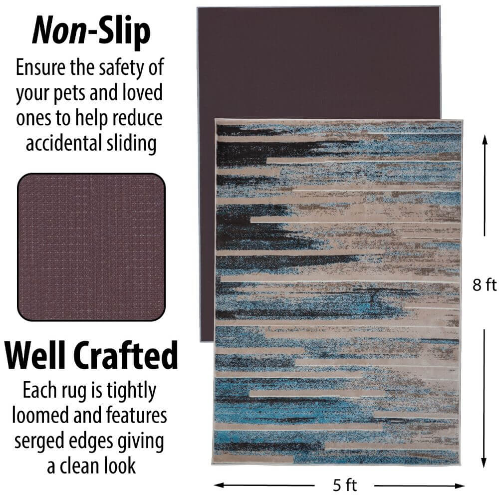 Deco Home 5.25' x 7.5' Modern Abstract Indoor Area Rug with Non-Slip Backing, Serged Edges, .4" Pile Height, Soft Polypropylene (Blue/Tan) - DecoGear