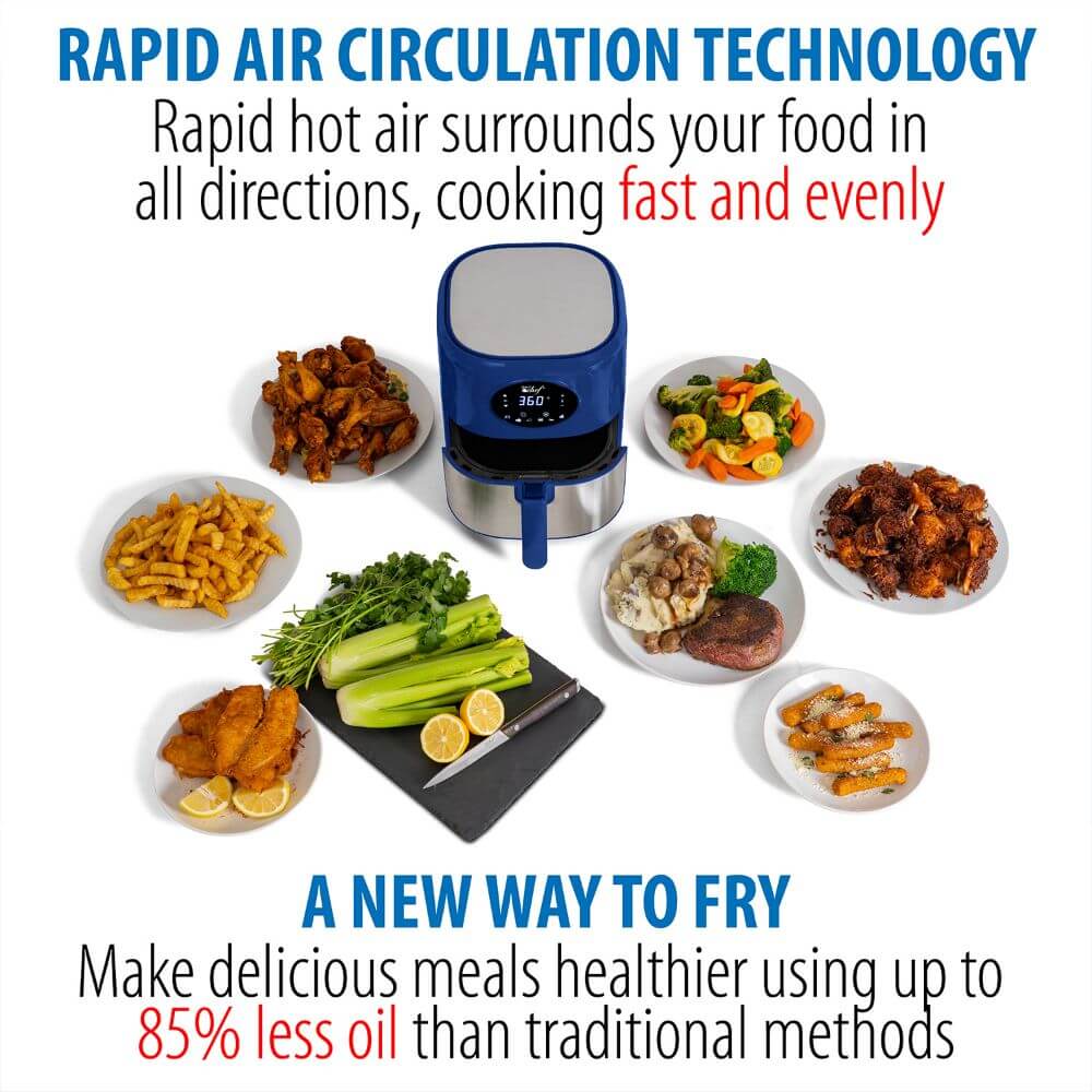 Deco Chef 3.7QT Digital Air Fryer with 6 Cooking Presets, LED Touch Controls, Adjustable Temperature and Time, Detachable Dishwasher Safe Non-Stick Basket, ETL Certified, Blue - DecoGear