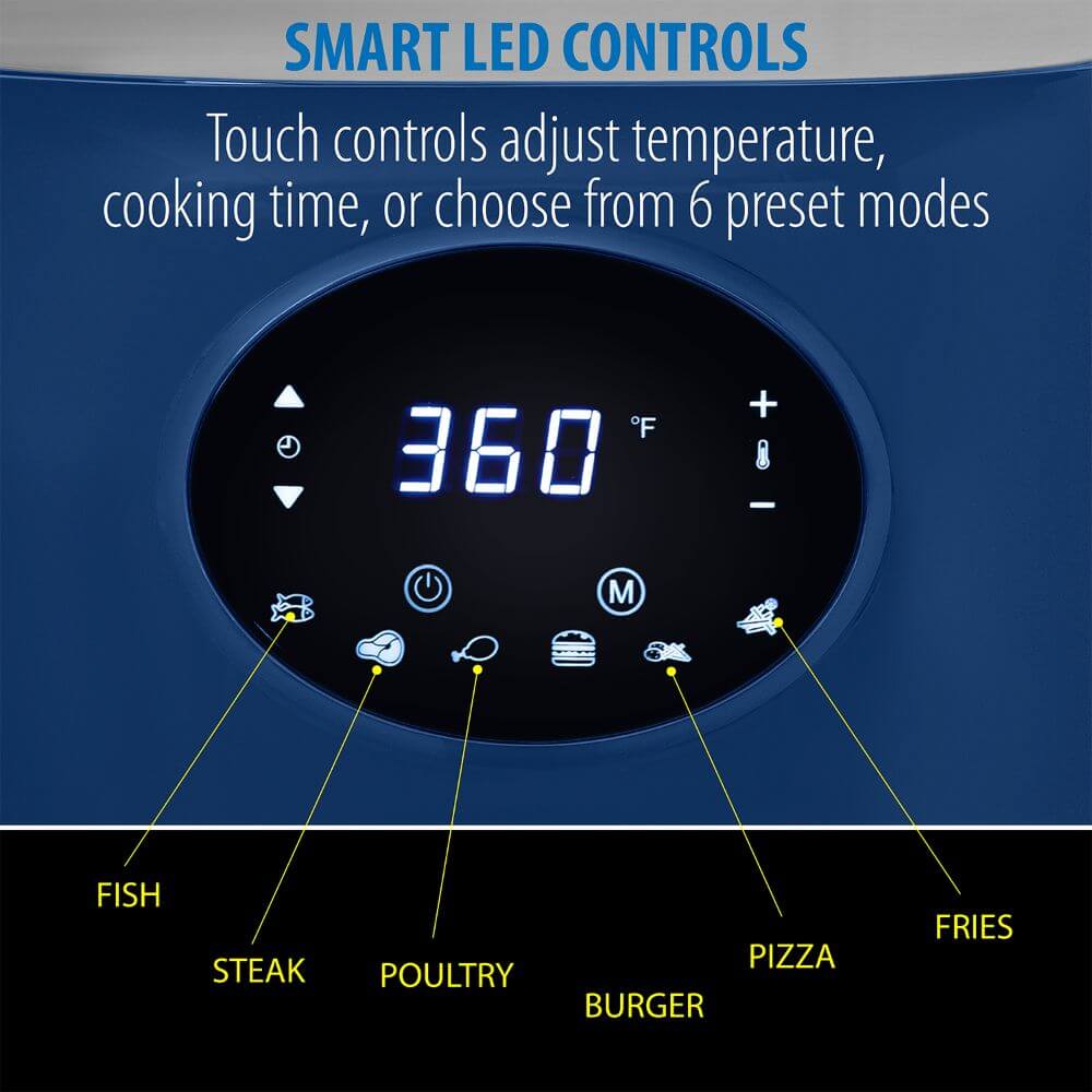 Deco Chef 3.7QT Digital Air Fryer with 6 Cooking Presets, LED Touch Controls, Adjustable Temperature and Time, Detachable Dishwasher Safe Non-Stick Basket, ETL Certified, Blue - DecoGear