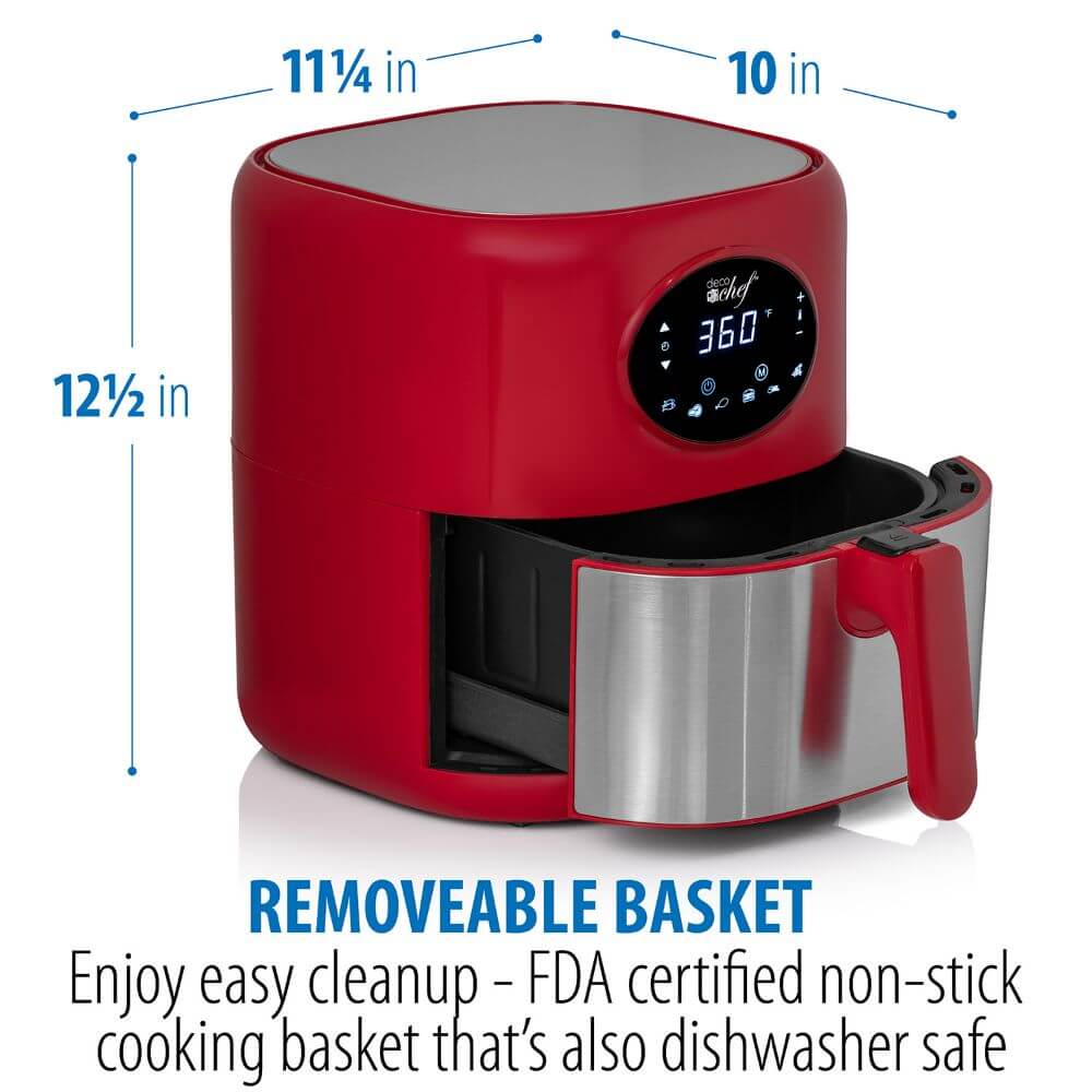 Deco Chef 3.7QT Digital Air Fryer with 6 Cooking Presets, LED Touch Controls, Adjustable Temperature and Time, Detachable Dishwasher Safe Non-Stick Basket, ETL Certified, Red - DecoGear